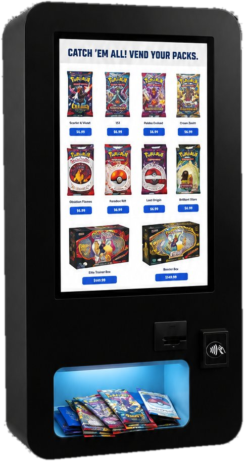 Black wall-mounted touchscreen card kiosk with a lit pickup tray and contactless card reader